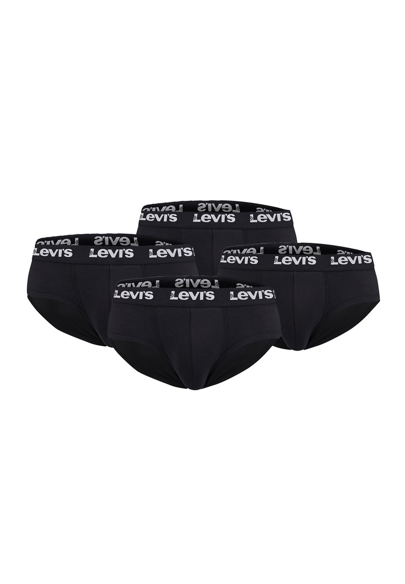 Vier schwarze Levi's Slips mit breiten elastischen Bunds, die ein wiederholtes weißes Levi's-Logo rund um den Bund zeigen.
