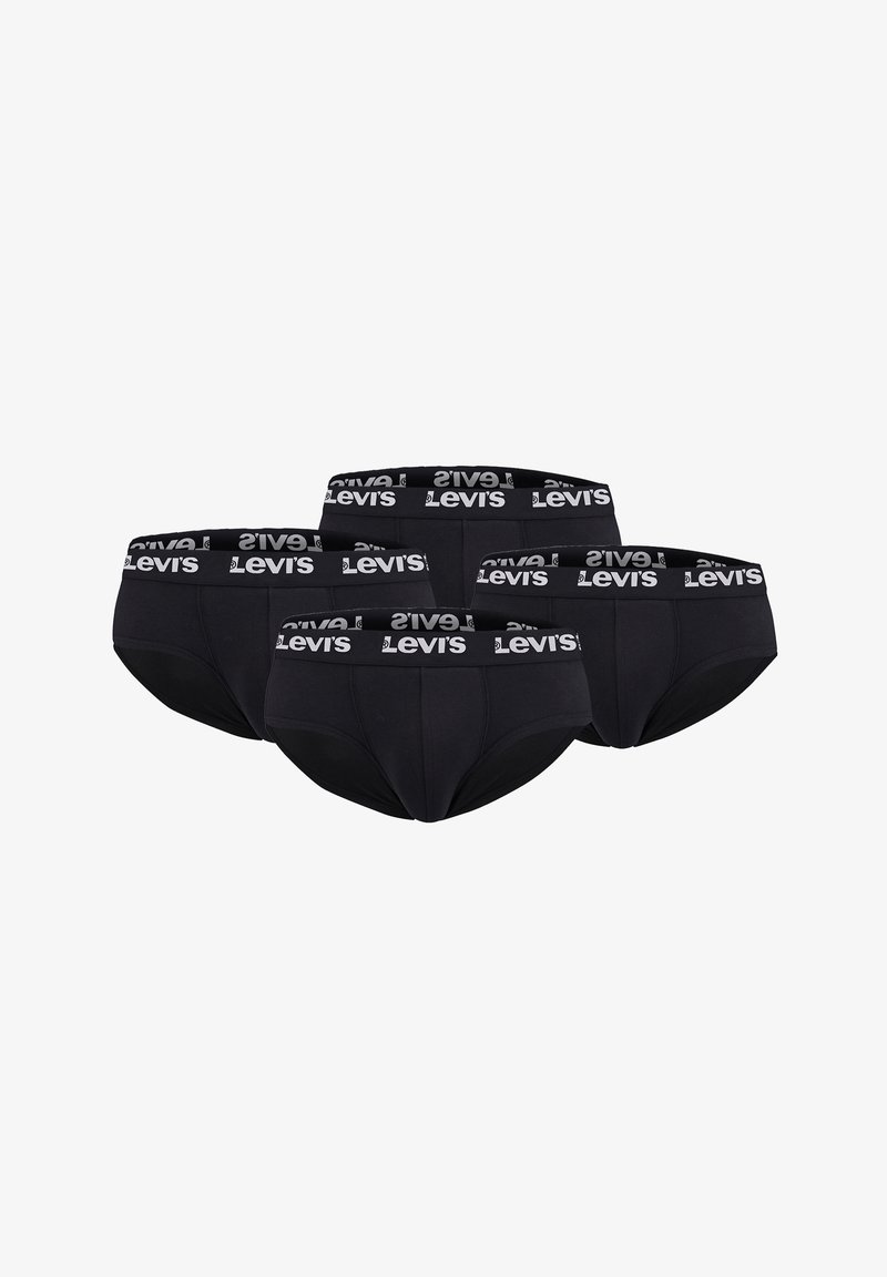 Vier schwarze Levi's Slips mit breiten elastischen Bunds, die ein wiederholtes weißes Levi's-Logo rund um den Bund zeigen.