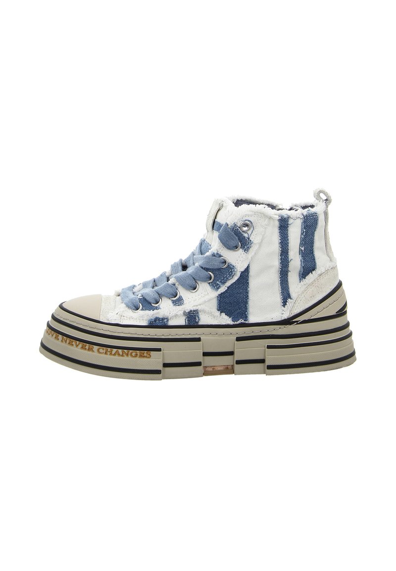 High-top sneaker in blue and white denim with a thick platform sole. Features frayed edges, metal eyelets, and decorative text on the side.