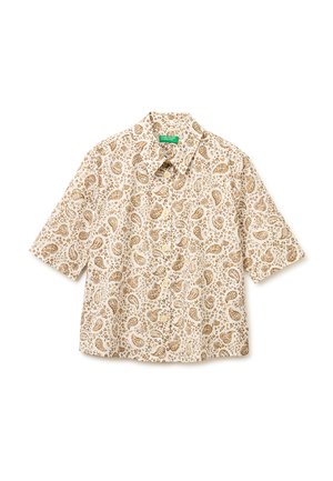 Beige short-sleeve button-up shirt with a brown paisley pattern and a spread collar, laid flat on a white background.