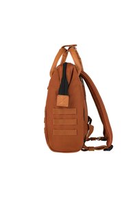 Brown fabric backpack with a streamlined design. Features a top handle, adjustable straps, and three horizontal webbing strips on the side.
