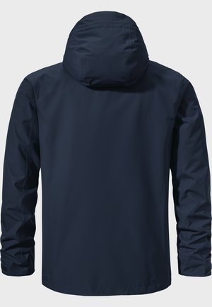Navy waterproof jacket featuring a hood, long sleeves, and a smooth, matte texture, designed for outdoor wear. Simple, functional design.