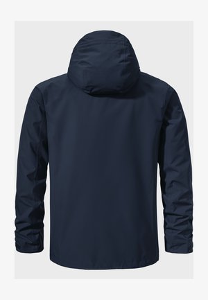 Marineblauer wasserdichter Jacke mit Kapuze, langen Ärmeln und einer glatten, matten Textur, entworfen für Outdoor-Bekleidung. Schlichtes, funktionales Design.