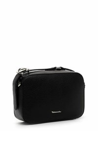 Black leather rectangular crossbody bag with pebbled texture, silver hardware, and logo accent on the front. Zipper closure at the top.