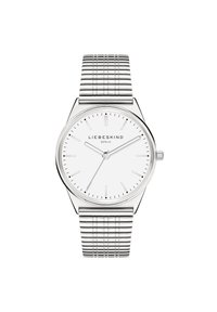 Silberne Metalluhr mit einem dünnen, runden Gehäuse und einem weißen Ziffernblatt. Verfügt über minimalistische Stundenmarkierungen und ein strukturiertes Mesh-Armband.