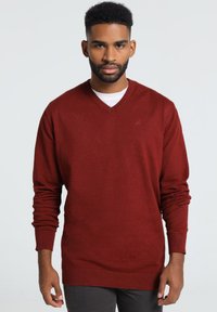 Pull rouge à col en V avec des manches longues, fabriqué en tissu tricoté doux. Il présente un logo subtil sur la poitrine et des poignets et un ourlet côtelés.