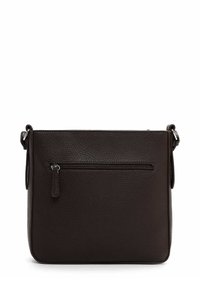 Borsa a tracolla in pelle marrone con finitura texturizzata, forma rettangolare, tracolla regolabile e tasca esterna con zip.