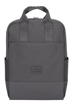Gray fabric backpack with dual top handles, textured surface, flat bottom, and side pockets. Features a logo patch on the front.