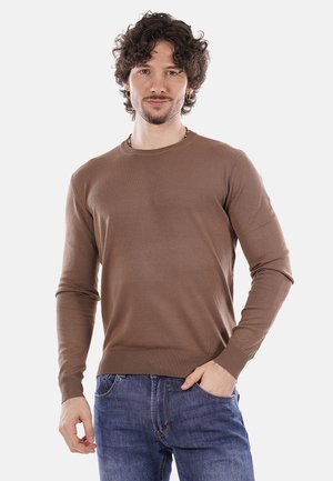 Giovane uomo con capelli ricci che indossa un maglione marrone a maniche lunghe e jeans blu, in piedi con una mano in tasca, sfondo neutro.