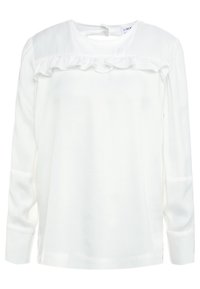 Blusa bianca a maniche lunghe con dettagli a balza sul collo. Realizzata in tessuto morbido, presenta un orlo arrotondato e spacco laterale per facilitare i movimenti.