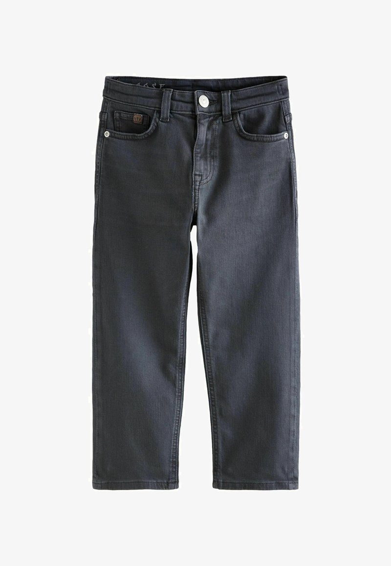 Crne traperice s ravnim nogavicama, s patent zatvaranjem, petljama za pojas, pet džepova i suptilnim detaljima šivanja.