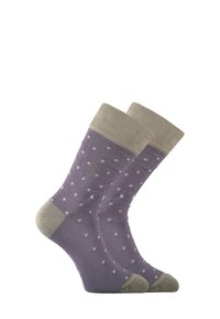 Chaussettes violettes avec un motif texturé, comprenant de petits points blancs et des bordures gris clair. Fabriquées en matériau doux pour le confort.