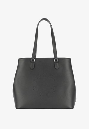 Sort tote bag lavet af tekstureret materiale, med to hanke, et cirkulært perforeret logo-design og en struktureret form.