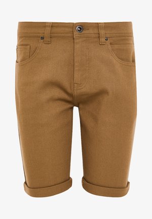 Brune denimshorts med opsmøg, bæltesløjfer, foran knap, lynlås, samt for- og møntlommer.