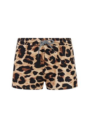 Korte broek met luipaardprint, een elastische tailleband en een zwart-wit patroon aan de koordsluiting aan de voorkant.