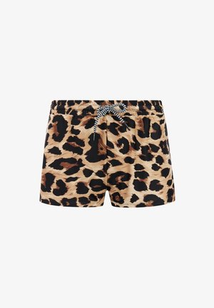 Korte broek met luipaardprint, een elastische tailleband en een zwart-wit patroon aan de koordsluiting aan de voorkant.