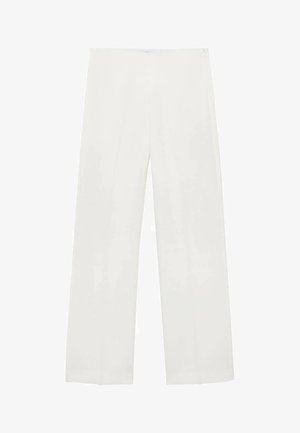 Wide-leg trousers in white fabric feature a smooth texture, clean lines, and a subtle sheen, with no visible hardware or patterns.
