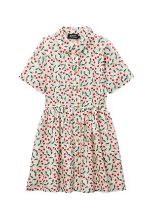 Robe boutonnée à manches courtes avec col, fond crème, motif cerises rouges et feuilles vertes, taille froncée.