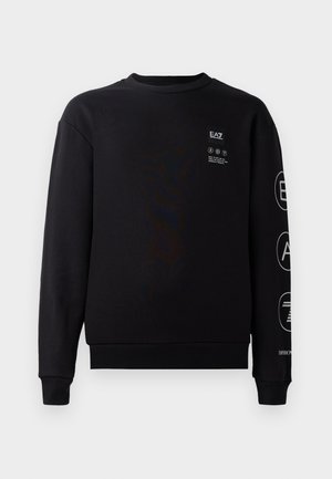 Black sweatshirt made of cotton with a crew neck, ribbed cuffs, and hem. Features white logo details on the front and sleeve.