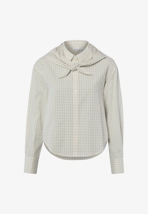 Overhemd met lange mouwen en knopen, met een lichtbeige en wit ruitpatroon en een bijpassende stof gestrikt rond de kraag.
