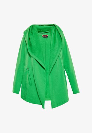 Zelená bunda s dlhým rukávom a voľným, splývavým golierom. Vyrobená z mäkkého materiálu, obsahuje bočné vrecká a má uvoľnený strih. Žiadne viditeľné zapínanie.