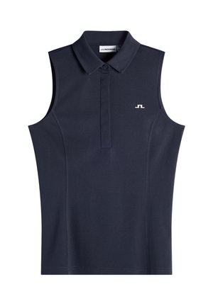 Donkerblauw mouwloos poloshirt met kraag, knoopsluiting aan de voorkant en een klein wit logo op de linkerborst.