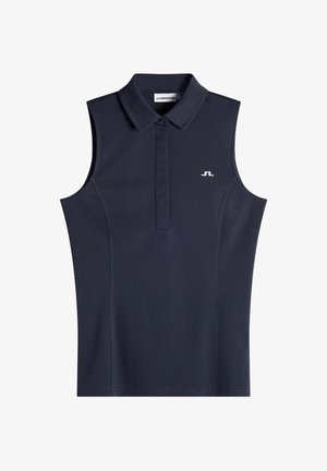 Polo sans manches bleu marine avec col, patte de boutonnage à l'avant et petit logo blanc sur la poitrine gauche.