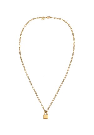 Gouden ketting met rechthoekige schakels en een klein hangslotje als hanger. Voorzien van een karabijnhaak en een merklabel. Gladde textuur.
