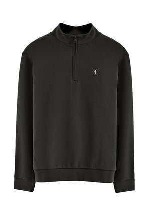Sudadera negra de pullover con cuello alto con cremallera, puños y dobladillo de canalé. Presenta un pequeño logotipo blanco en el pecho. Tejido suave y texturizado.