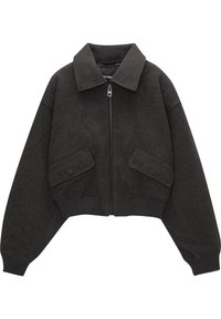 Veste gris foncé coupée, avec fermeture éclair à l'avant, grand col, tissu texturé et deux poches avant. Poignets et ourlet côtelés.