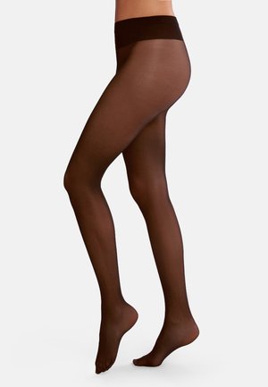 Collant marroni trasparenti con una trama liscia, vita larga e zona piedi opaca, progettati per una vestibilità aderente e una copertura uniforme.