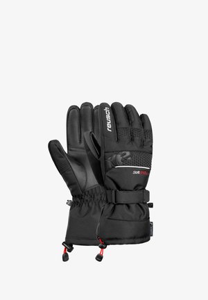 Schwarze Winterhandschuhe mit SoftShell-Oberfläche, ausgestattet mit einer Lederhandfläche, strukturiertem Rücken, elastischen Bündchen und verstellbaren Riemen für einen sicheren Sitz.