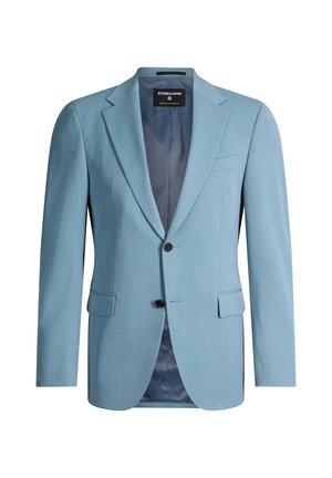 Blazer da uomo azzurro chiaro su misura con rever a incavo, due bottoni neri, tasche frontali con patta e fodera interna blu scuro.
