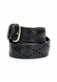 Cintura in pelle nera con design perforato, fibbia in metallo argentato e texture liscia. Avvolta e posizionata per la visualizzazione.