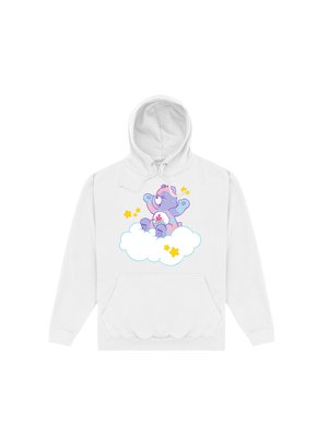 Biała bluza z kapturem, zdobiona kolorową grafiką przedstawiającą fioletowego misia siedzącego na chmurze z żółtymi gwiazdami, wykonana z miękkiego materiału bawełnianego.