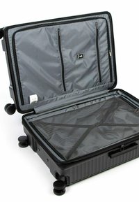 Valigia rigida nera con quattro ruote, dotata di un interno in tessuto grigio, due tasche con zip e un divisore in rete per l'organizzazione.