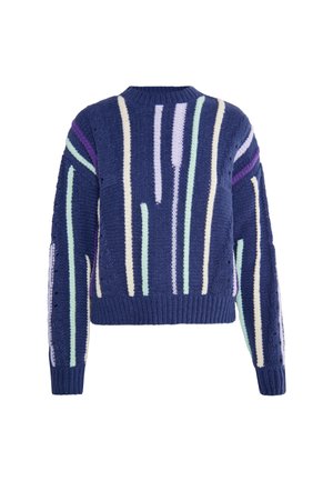 Navy blue neulepaita, jossa on pystysuoria raitoja vaaleanpurppurassa, mintunvihreässä ja kermanvärisessä. Ribbireunat hihoissa ja helmassa, rento malli.