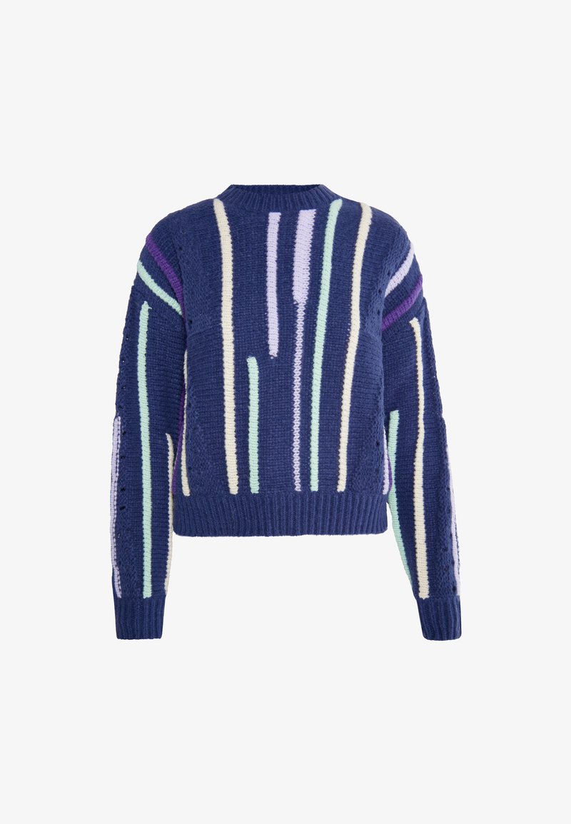 Jūras zila adīta džempera ar vertikālām svītrām gaiši violetā, piparmētru zaļā un krēmkrāsā. Ribinātas piedurknes un apakšmala, brīva piegriezuma.