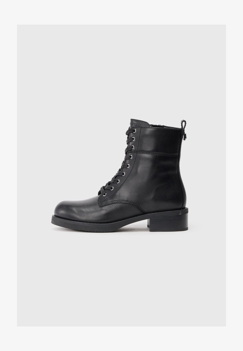 Black leather ankle boots with a rounded toe, lace-up front, block heel, and pull tab at the rear. Smooth texture with stitching details.