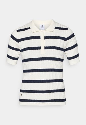 Kortermet stripete polo-skjorte i krem og marineblå, med ribbet tekstur, knappestolpe og en liten logo-detalj nær faldet.