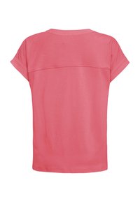 Chemise rose à manches courtes avec un col rond et une couture horizontale traversant le haut du dos, vue de dos.