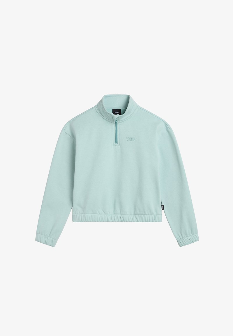 Maglione pullover verde menta realizzato in tessuto morbido, con colletto a metà zip, vita e polsini elasticizzati, e un logo discreto.