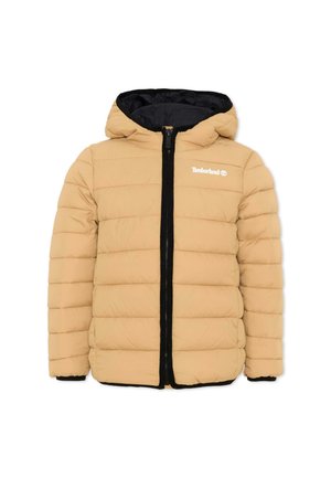 Beige gewatteerde capuchonjas met zwarte rits en voering, met Timberland-logo op de borst, ontworpen voor koud weer.