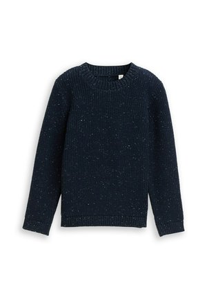Pull en maille bleu marine avec une texture côtelée, des manches longues et un col rond, présentant des nuances légères discrètes.