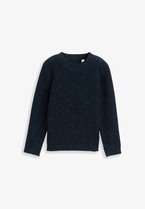 Marineblauer Strickpullover mit geripptem Design, langen Ärmeln und einem runden Ausschnitt, durchzogen von subtilen helleren Farbtönen.
