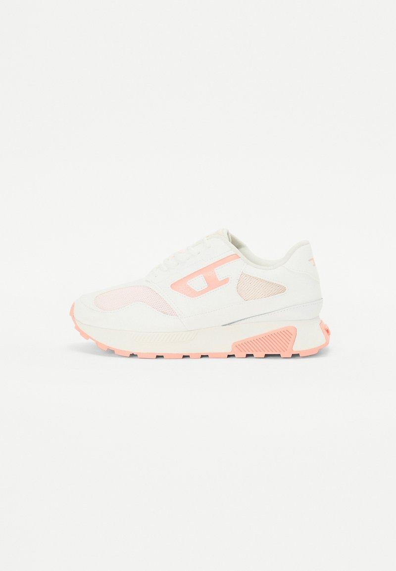 White sneakers with pink mesh accents; features a textured sole and lightweight design; includes lacing and branding detail on the side.