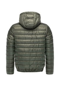 Padded hooded jacket, oliwkowa, pikowana konstrukcja z poziomymi paskami, gładka tekstura, elastyczny dół i mankiety dla dopasowanego kroju.