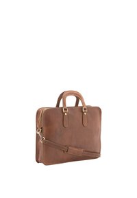 Sac à ordinateur en cuir marron de forme rectangulaire, avec deux poignées supérieures, une bandoulière amovible, des ferrures en ton doré et des accents de couture.