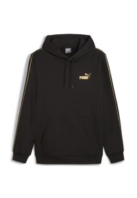 Felpa nera in misto cotone, dotata di tasca frontale, cappuccio con cordoncino, logo Puma dorato e inserti laterali dorati.