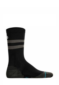 Schwarze Sportsocke mit grauen Streifen, mit gepolsterter Zehen- und Fersenpartie, strukturiertem Muster und blauem Akzent nahe der Zehen.